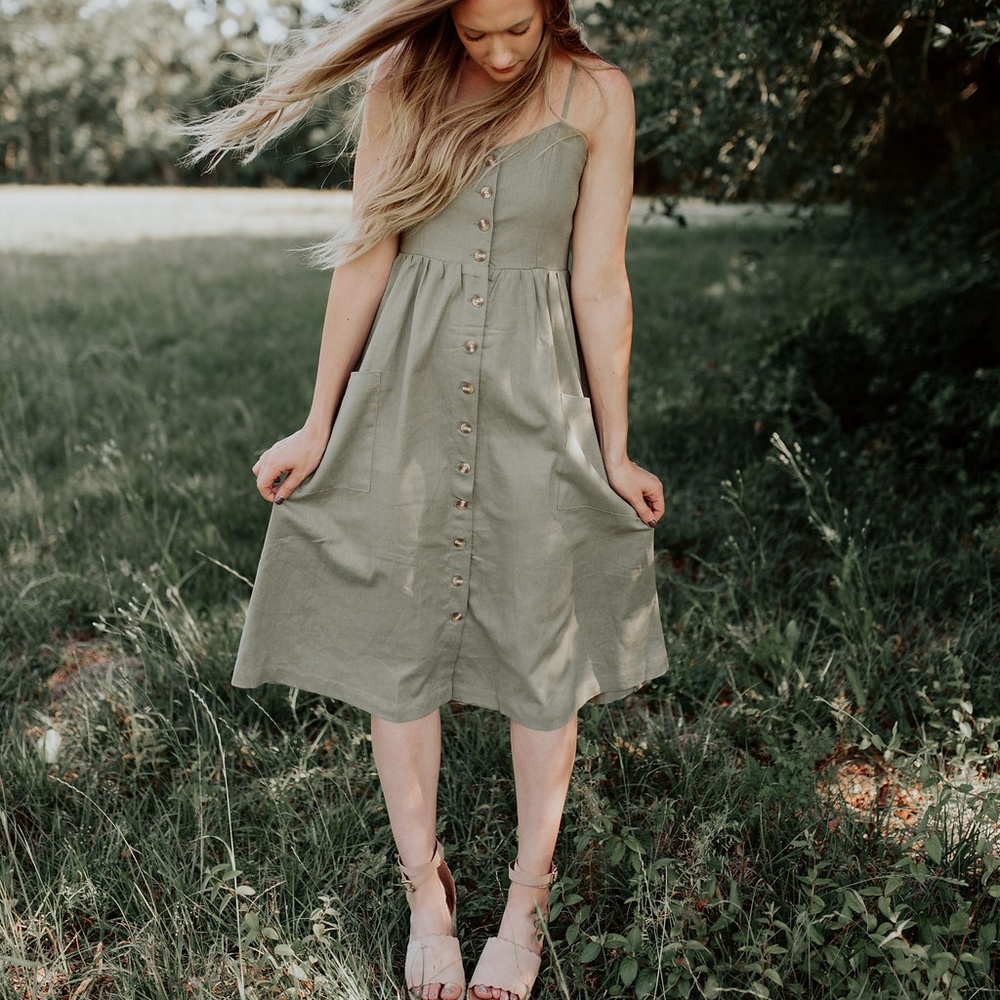 Olive button down linen dress